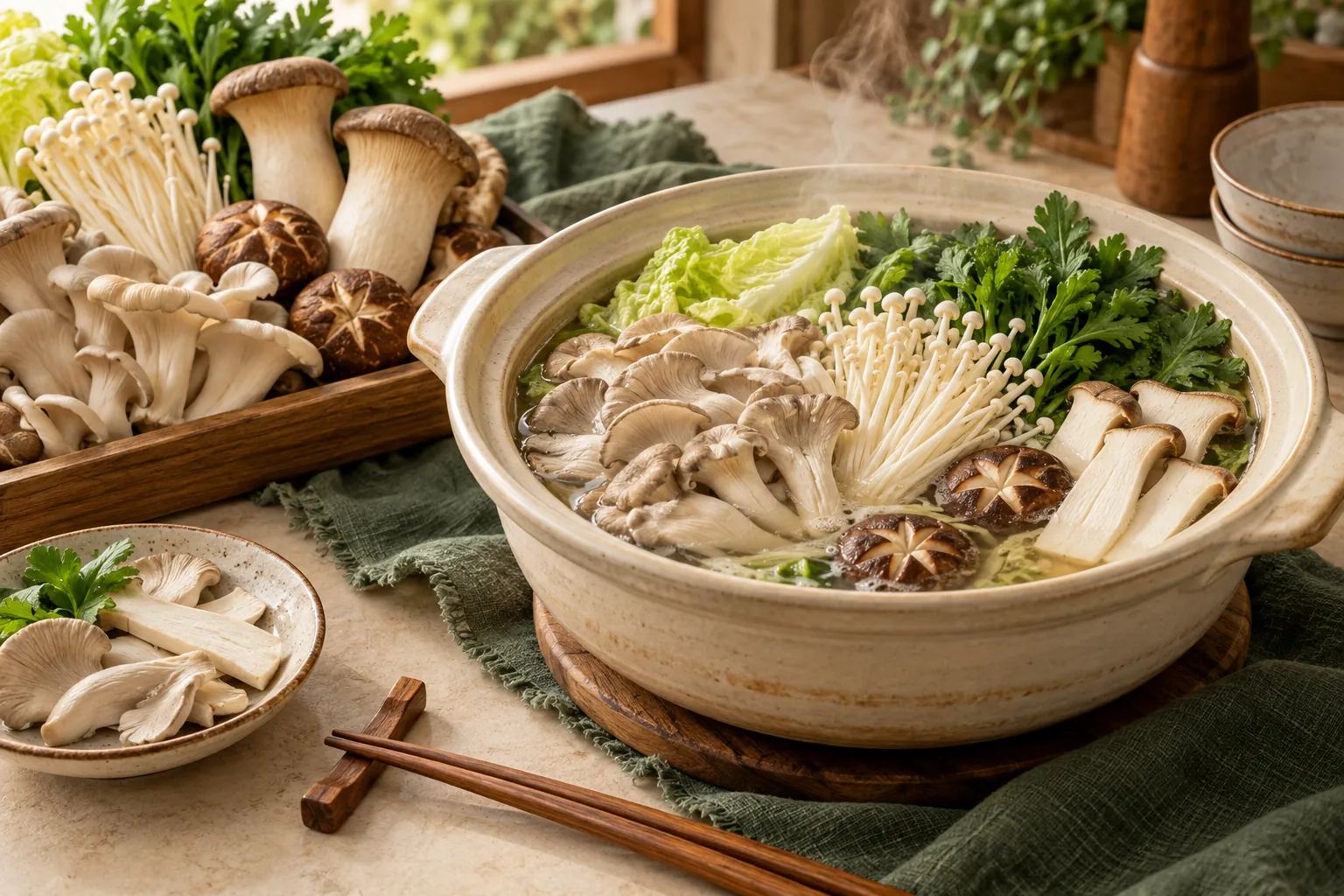 Nồi lẩu với nhiều loại nấm và rau xanh